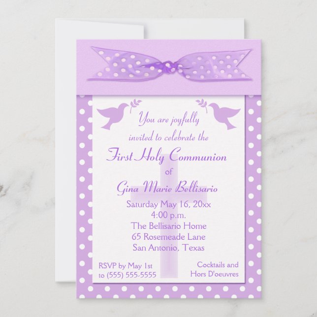 Invitation Lilac Polka Dot Première communion sainte Invitati (Devant)