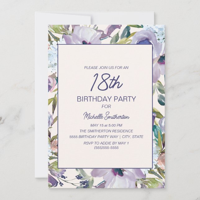 Invitation Lilac Pourpre Floral Greenery 18e Anniversaire (Devant)