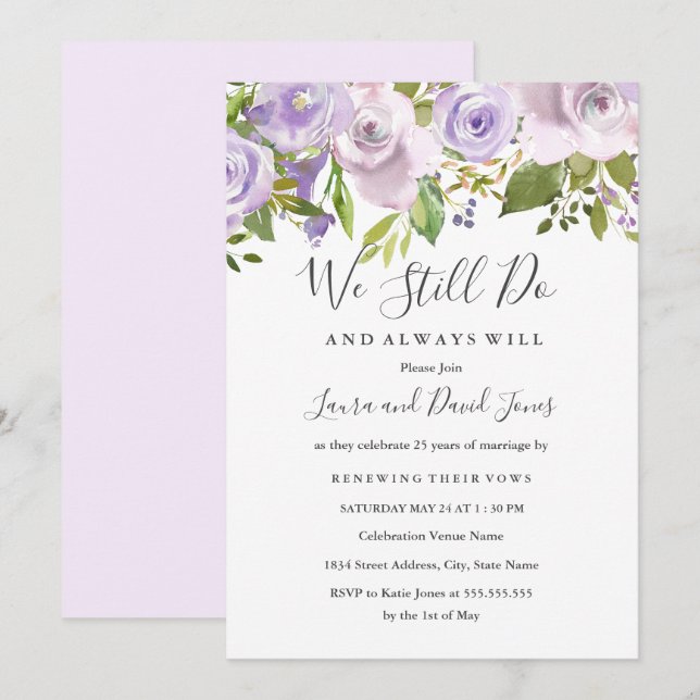 Invitation Lilac Purple Aquarelle Florale Mariage Renouvellem (Devant / Derrière)