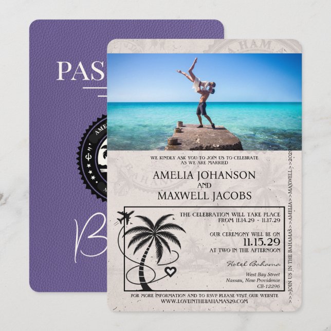 Invitation Lilac Purple Bahamas Passport Mariage (Devant / Derrière)