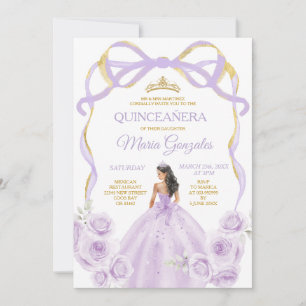 Invitation Lilac Purple Bow Princess Gold Crown Quinceañera
