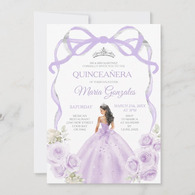 Invitation Lilac Purple Bow Princesse Argent Couronne Quincea (Devant)