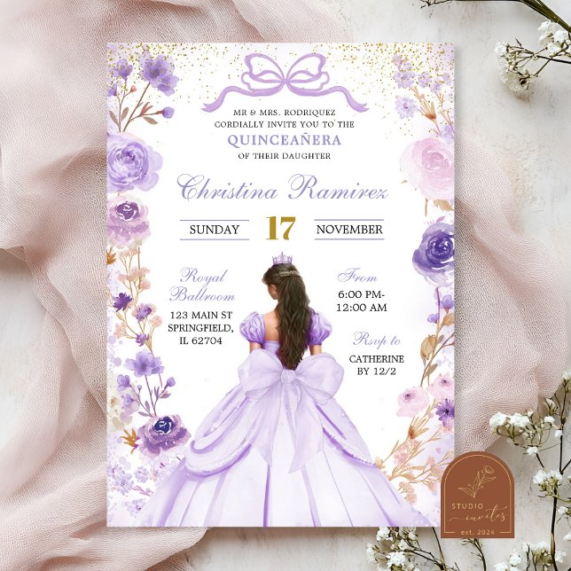 Invitation Lilac Purple Coquette Bow Princesse Quinceanera (Créateur téléchargé)