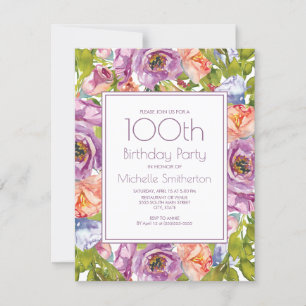 Invitation Lilac Purple Orange Bleu Floral 100e anniversaire