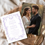 Invitation Lilac Purple Photo Floral Mariage victorien<br><div class="desc">Invitation vos invités avec cette photo violet lilas floral faire-part de mariage victorien. Doté d'un arrière - plan mauve lilas, d'un cadre fleuri vintage orné, d'une typographie élégante et d'un espace pour une photo fiançailles personnalisable, ce design romantique allie charme victorien intemporel et personnalisation moderne. Parfait pour les mariages de...</div>