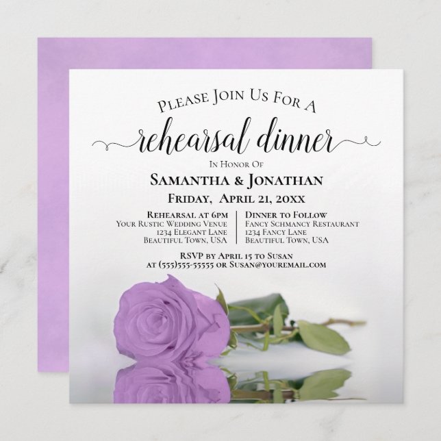 Invitation Lilac Purple Rose Chic Mariage Répétition & Dîner (Devant / Derrière)