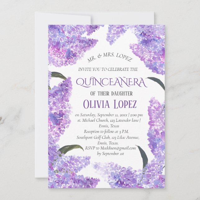 Invitation Lilac Quinceañera moderne Lavande violette Anniver (Devant)