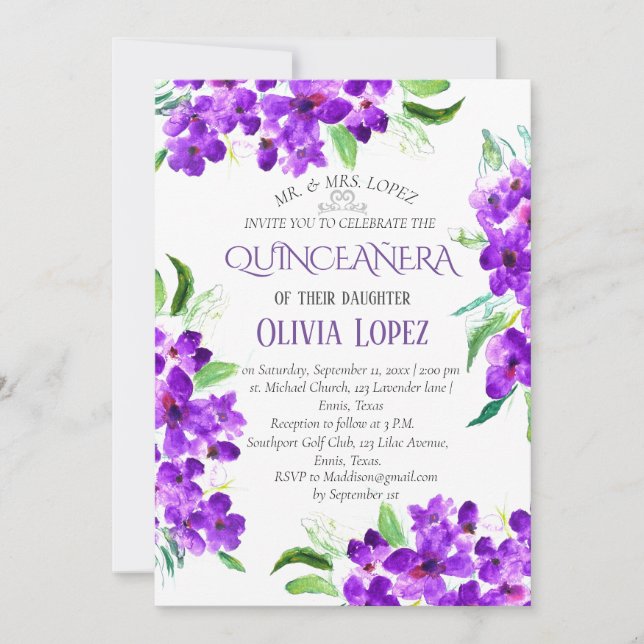 Invitation Lilac Quinceañera moderne Lavande violette Anniver (Devant)