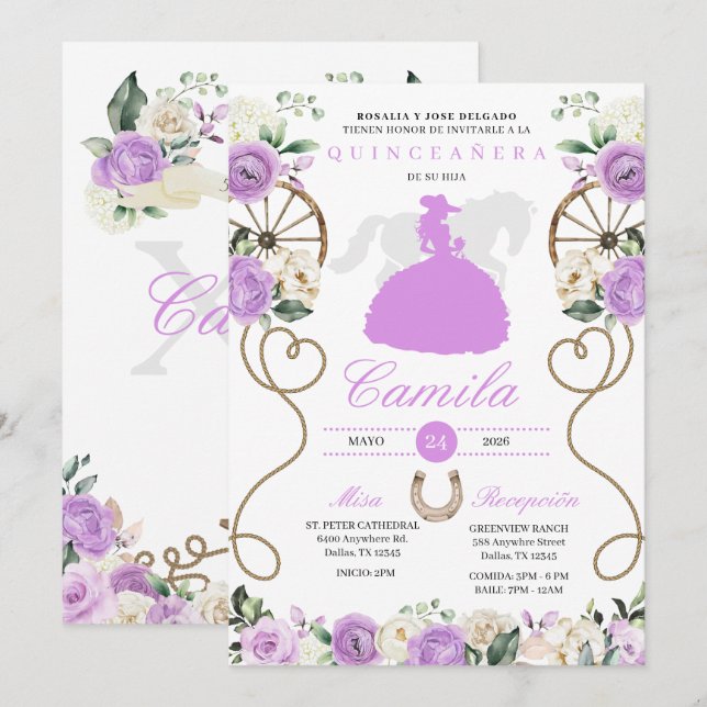 Invitation Lilac Rose Ouest Mariachi Charro Quinceañera (Devant / Derrière)