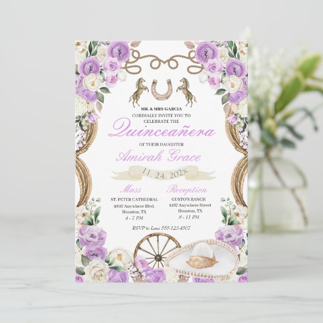 Invitation Lilac Rose Western Charro Cowgirl Quinceañera (Debout devant)