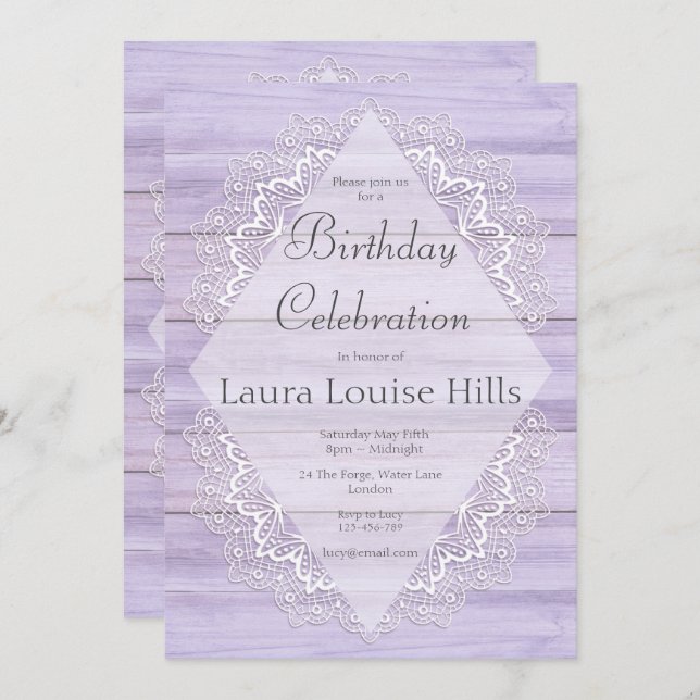 Invitation Lilac Rustic Woodgrain et dentelle Anniversaire (Devant / Derrière)