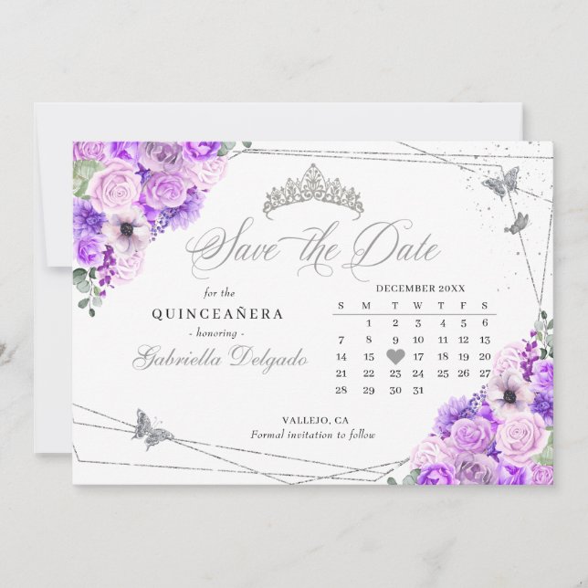 Invitation Lilac & Silver Quinceañera Enregistrer La Date (Devant)
