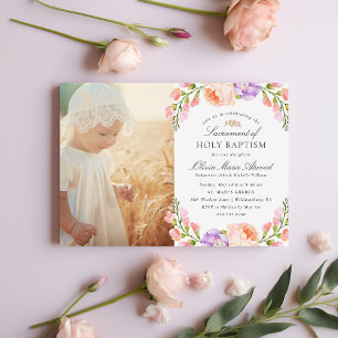 Invitation Lilac Stripe et Bloom Baby Girl Photo Baptême