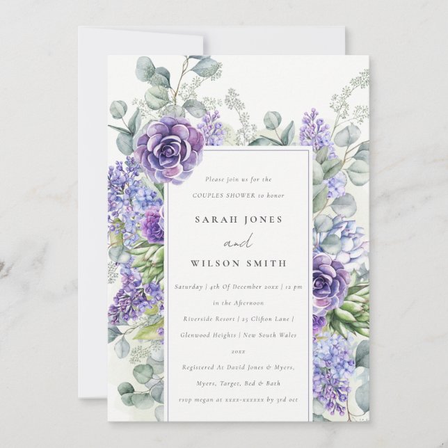 Invitation Lilac Succulent Eucalyptus Foliage Couples Douche (Devant)