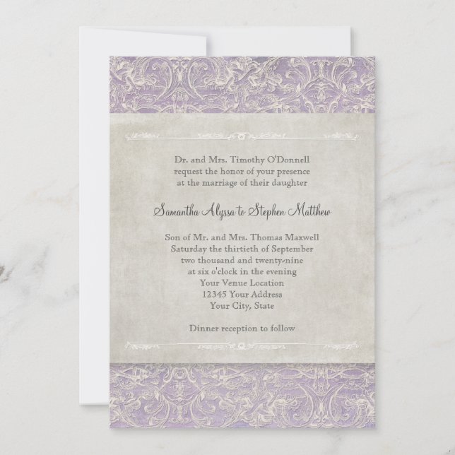 Invitation Lilac Vintage français Régence Lace Mariage dressé (Devant)