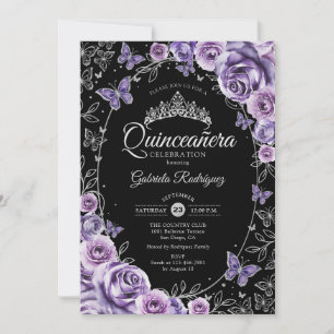 Invitation Lilac Violet Argent Noir Quinceanera