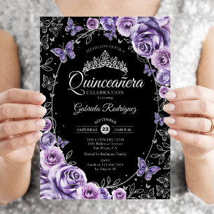 Invitation Lilac Violet Argent Noir Quinceanera