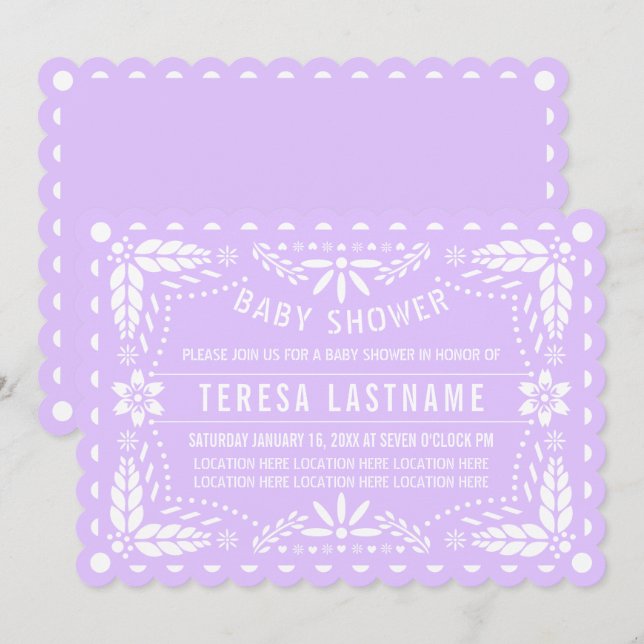 Invitation Lilac violet, papillon blanc picado bébé douche (Devant / Derrière)