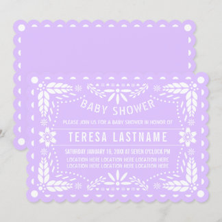 Invitation Lilac violet, papillon blanc picado bébé douche