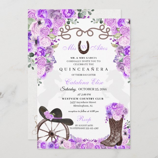 Invitation Lilac Western Charra Ranchero Quinceanera (Devant / Derrière)