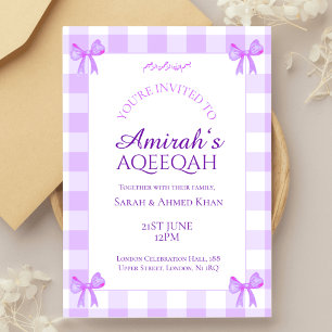 Invitation Lilac White Gingham Bébé Fille Musulmane Aqeeqah A