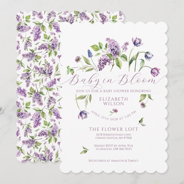 Invitation Lilacs & Fleurs de printemps Baby shower Invitatio (Devant / Derrière)