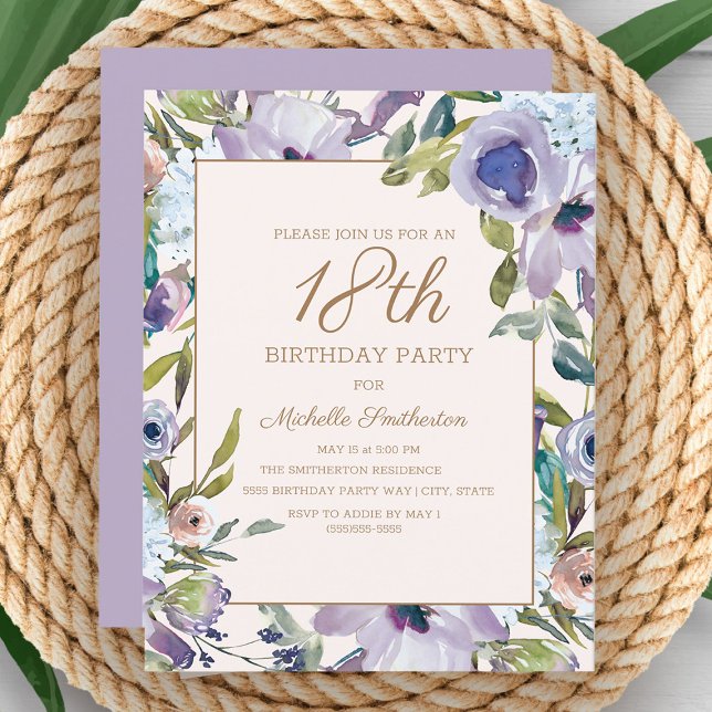 Invitation Lilas Élégant Fleurs de Verdure 18e Anniversaire (Créateur téléchargé)