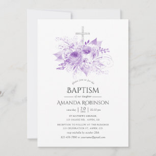 Invitation Lilas et floral argenté Baptême ou Christening