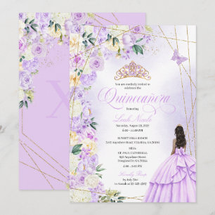 Invitation Lilas Floral Quinceañera et Sweet 15 pailleté or