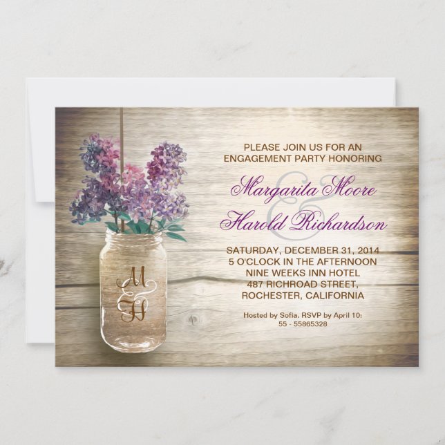 Invitation lilas in mason jar fête de fiançailles rustiques i (Devant)