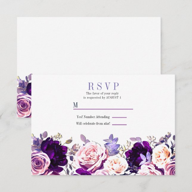 Invitation Lilas Pourpre & Rose Rose Floral Blanc Mariage RSV (Devant / Derrière)
