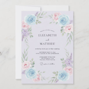 Invitation Lilas Romance de Fleurs Bleues pour Mariage