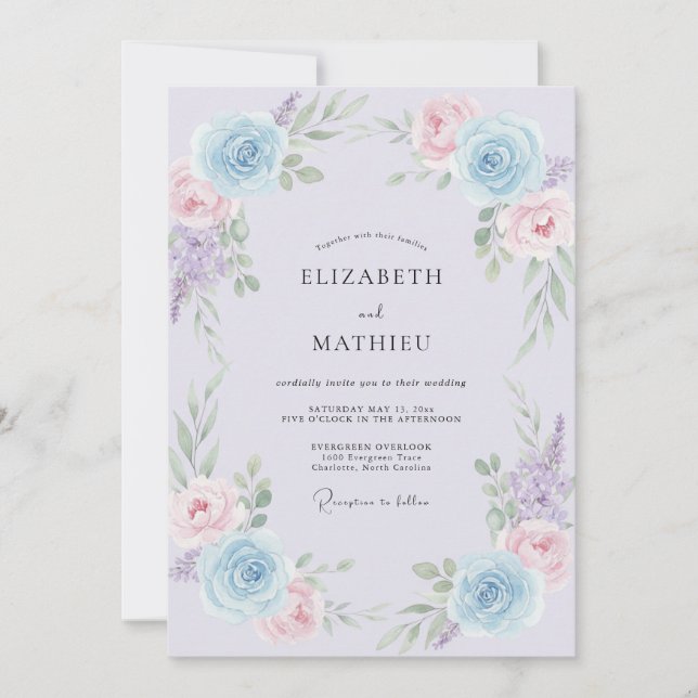 Invitation Lilas Romance de Fleurs Bleues pour Mariage (Devant)