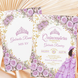 Invitation Lilas Roses Violettes Papillon Doré Quinceañera