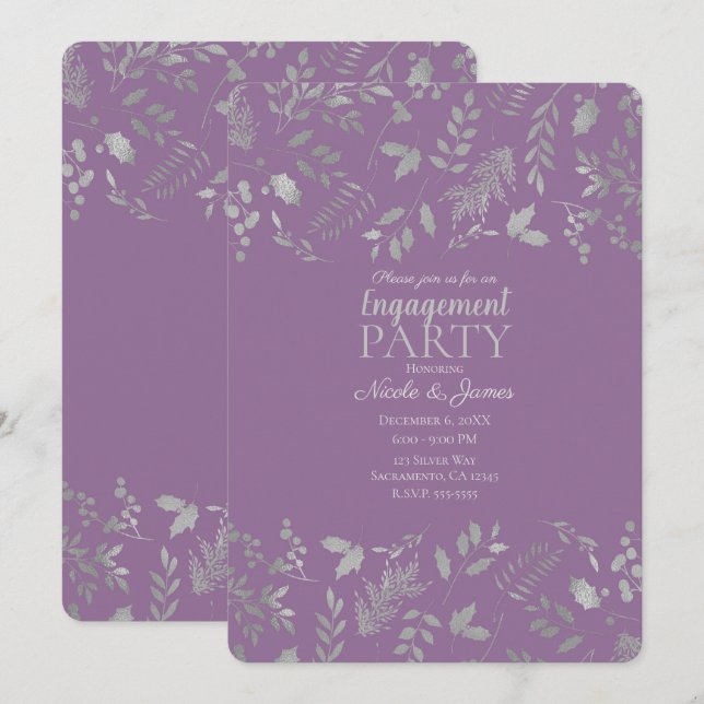 Invitation Lilas Violet Argent Feuilles Engagement Botanique (Devant / Derrière)