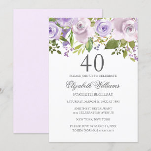 Invitation Lilas Violet Fleur Aquarelle 40e Anniversaire