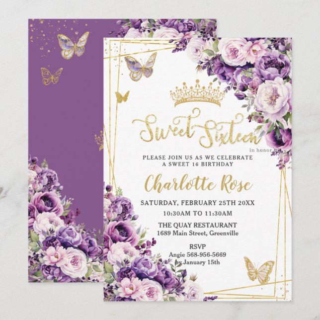 Invitation Lilas Violet Foncé Floral Roses Douce 16 (Devant / Derrière)