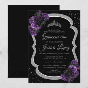 Invitation Lilas Violet Lavande Floral Quinceañera Argent