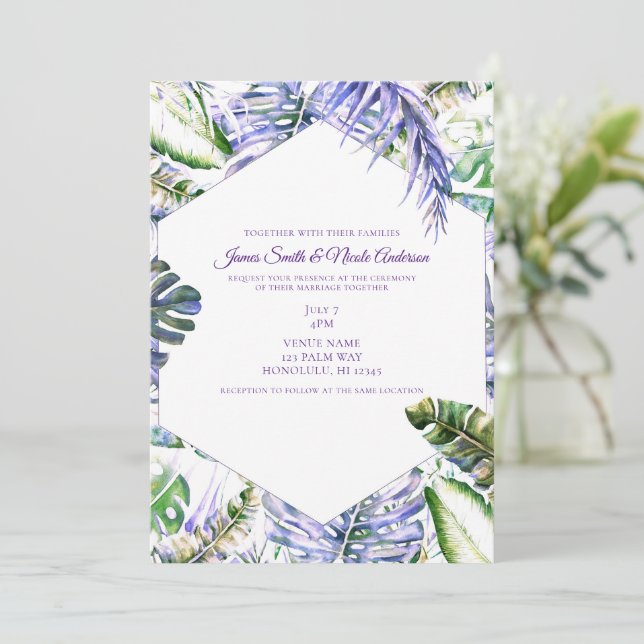 Invitation Lilas violet pour les feuilles de palmier tropical (Debout devant)