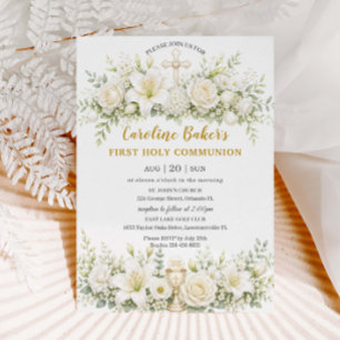 Invitation Lilies Blanches Floral Calice de Première Sainte C