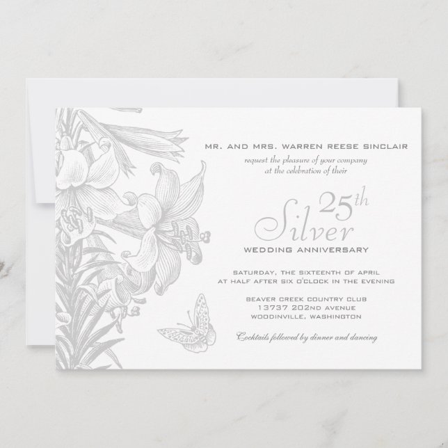 Invitation Lilies Papillon Argent 25e Anniversaire de Mariage (Devant)