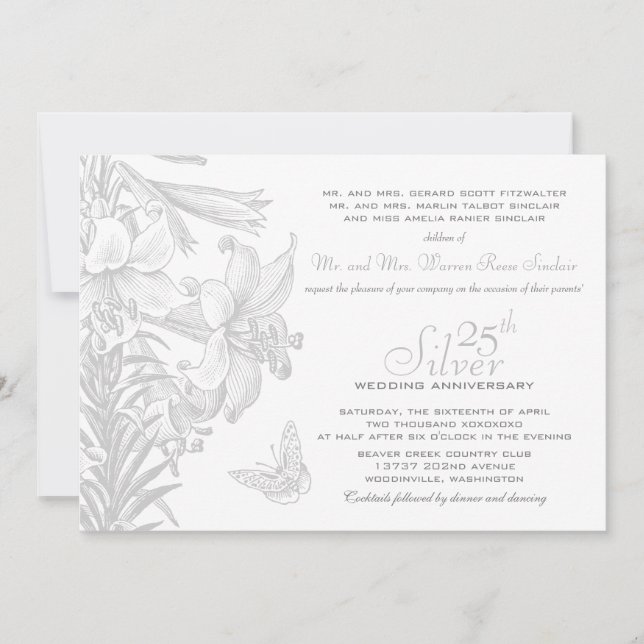 Invitation Lilies Papillons Noces d'Argent 25e Anniversaire d (Devant)
