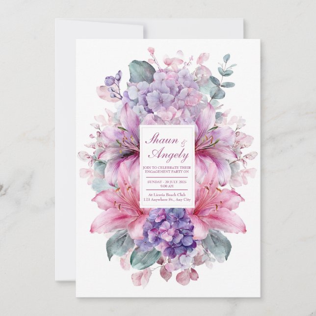 Invitation Lilium rose élégant Hydrangea pourpre Aquarelle (Devant)