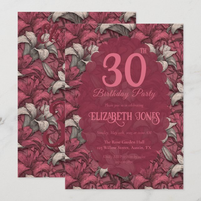 Invitation Liliums roses esthétiques éditable Anniversaire fe (Devant / Derrière)