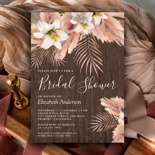 Invitation Lily blanche Fleur de palmier Pampas Bois Mariage (Créateur téléchargé)