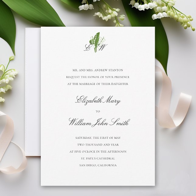 Invitation Lily de Vallée Monogramme Mariage traditionnel off (lily of the valley wedding invitation formal traditional calligraphy monograms art unique original)