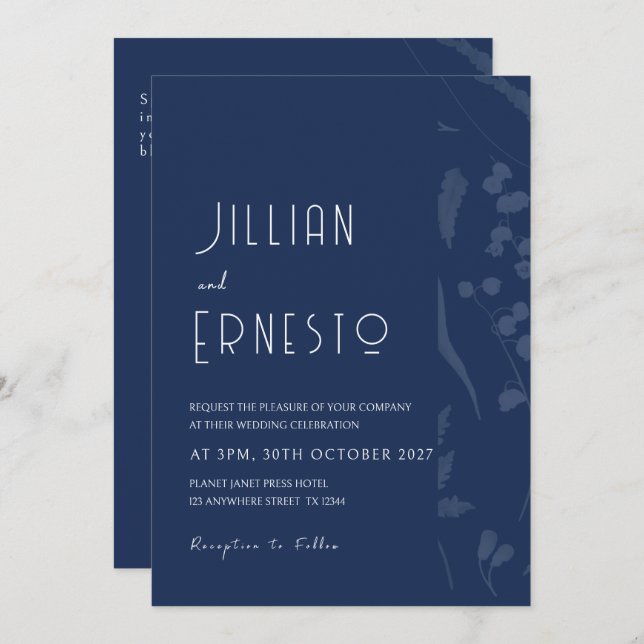 Invitation Lily de Valley || Solide Bleu Profond avec Bord Dé (Devant / Derrière)