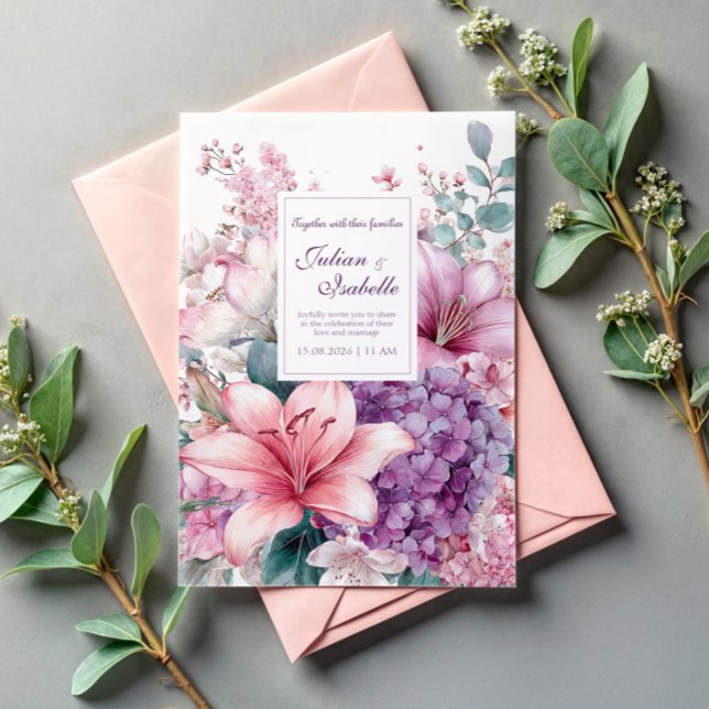 Invitation Lily élégante rose Hydrangea lilas pourpre (Créateur téléchargé)