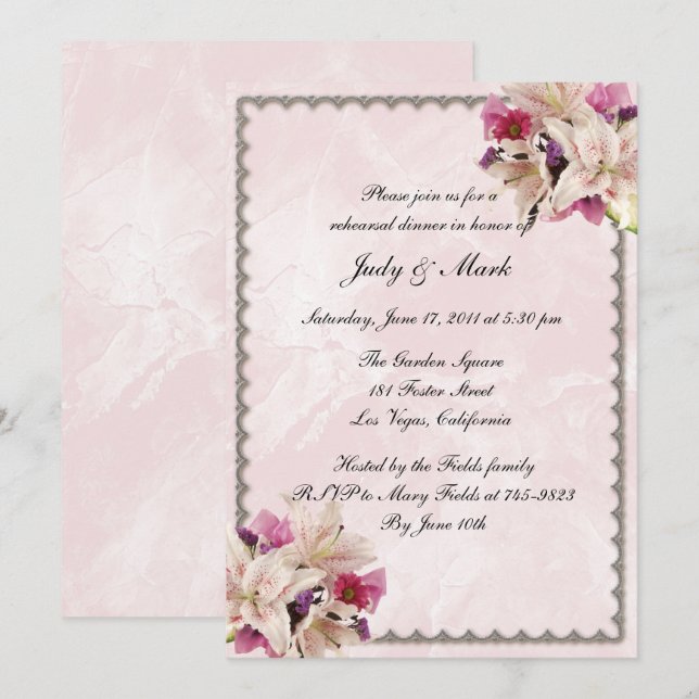 Invitation Lily Floral Marbre rose Mariage Dîner de répétitio (Devant / Derrière)