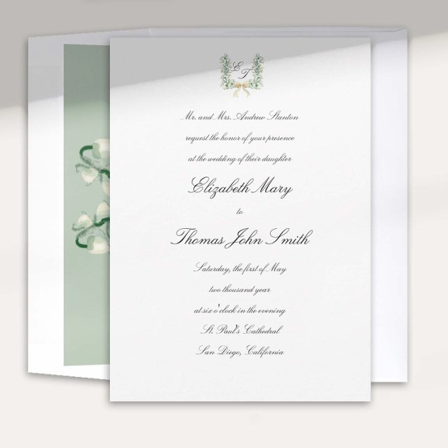 Invitation Lily Valley Bow Crest Mariage traditionnel (lily valley formal classic wedding invitation card watercolor art crest monograms all calligraphy)